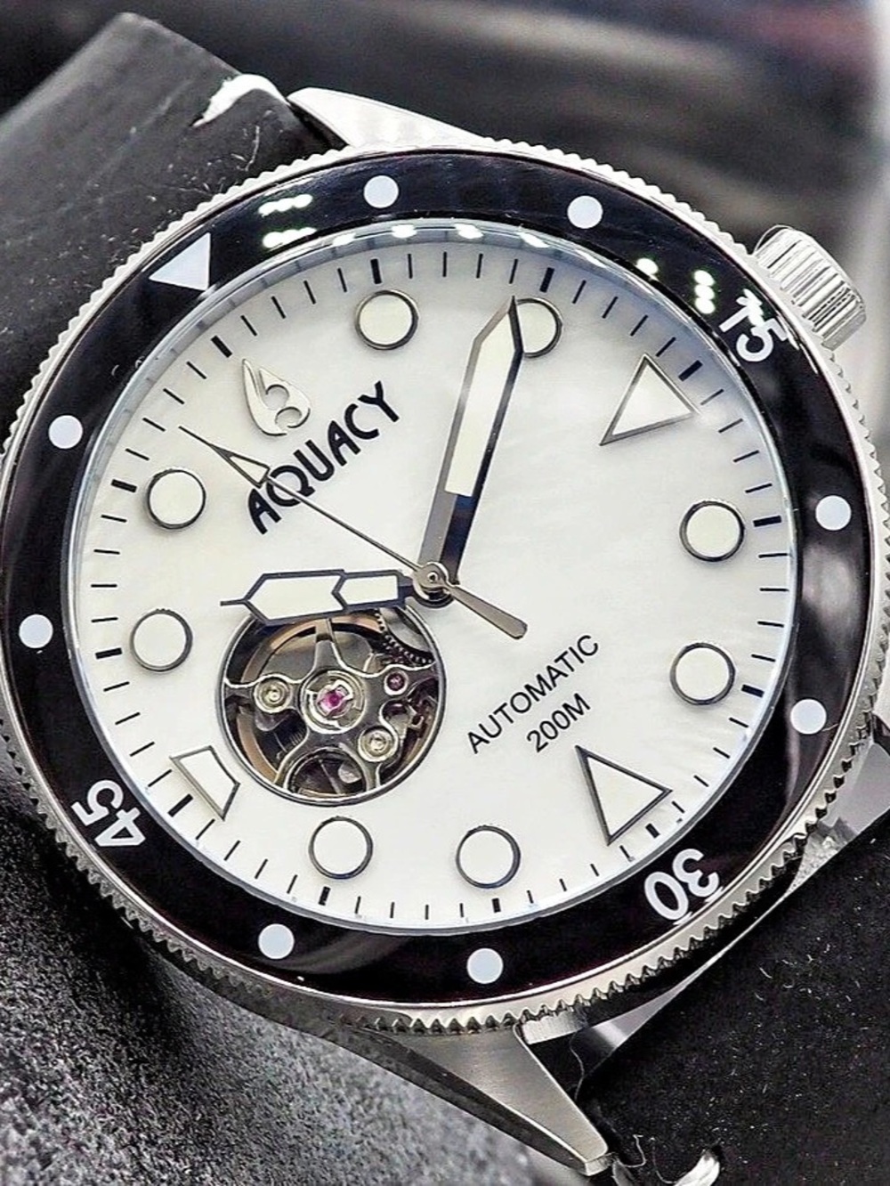 Aquacy Open Heart Cave Diver Automatic 200M White MOP and Black Bezel Watch Like